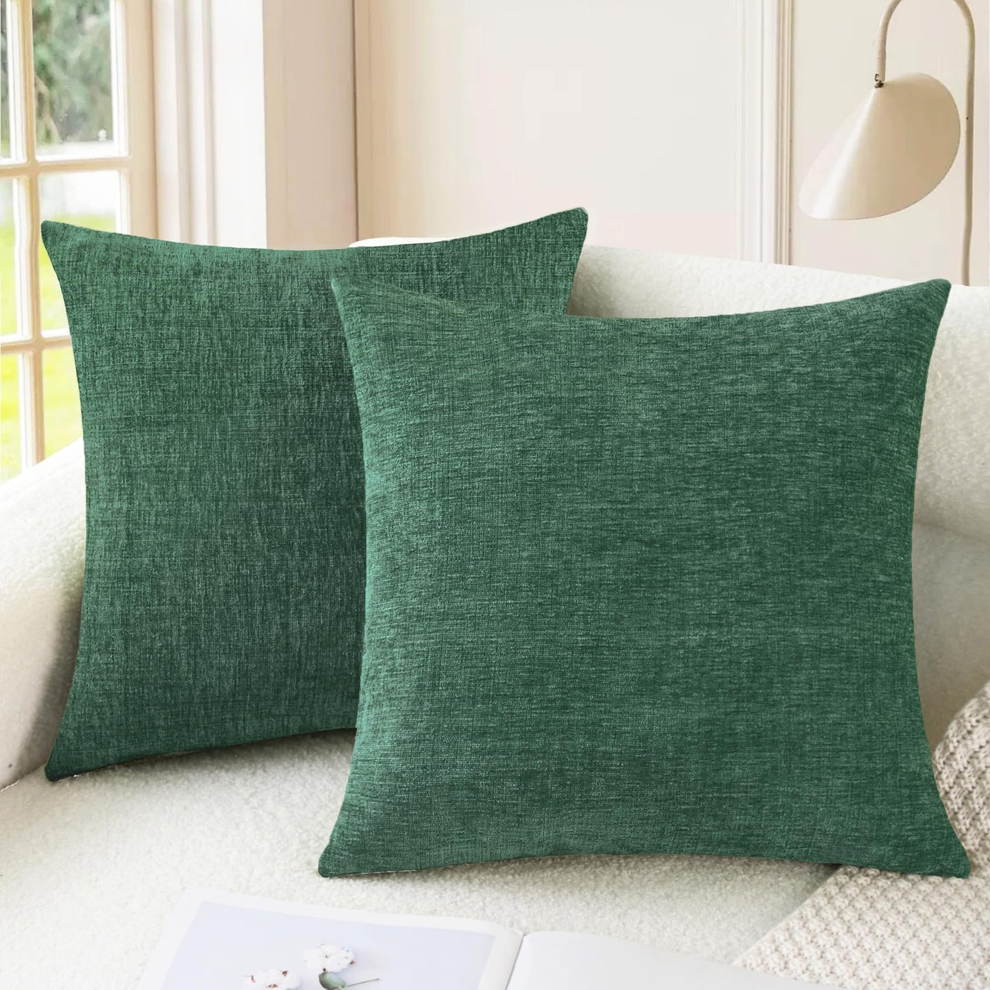 CaliTime Christmas Throw Pillow Covers Decorative 22 X 22 Inches Pack of 2 Cozy Chenille Cushion Cases for Couch Sofa Bed Living Room Home Dark Green