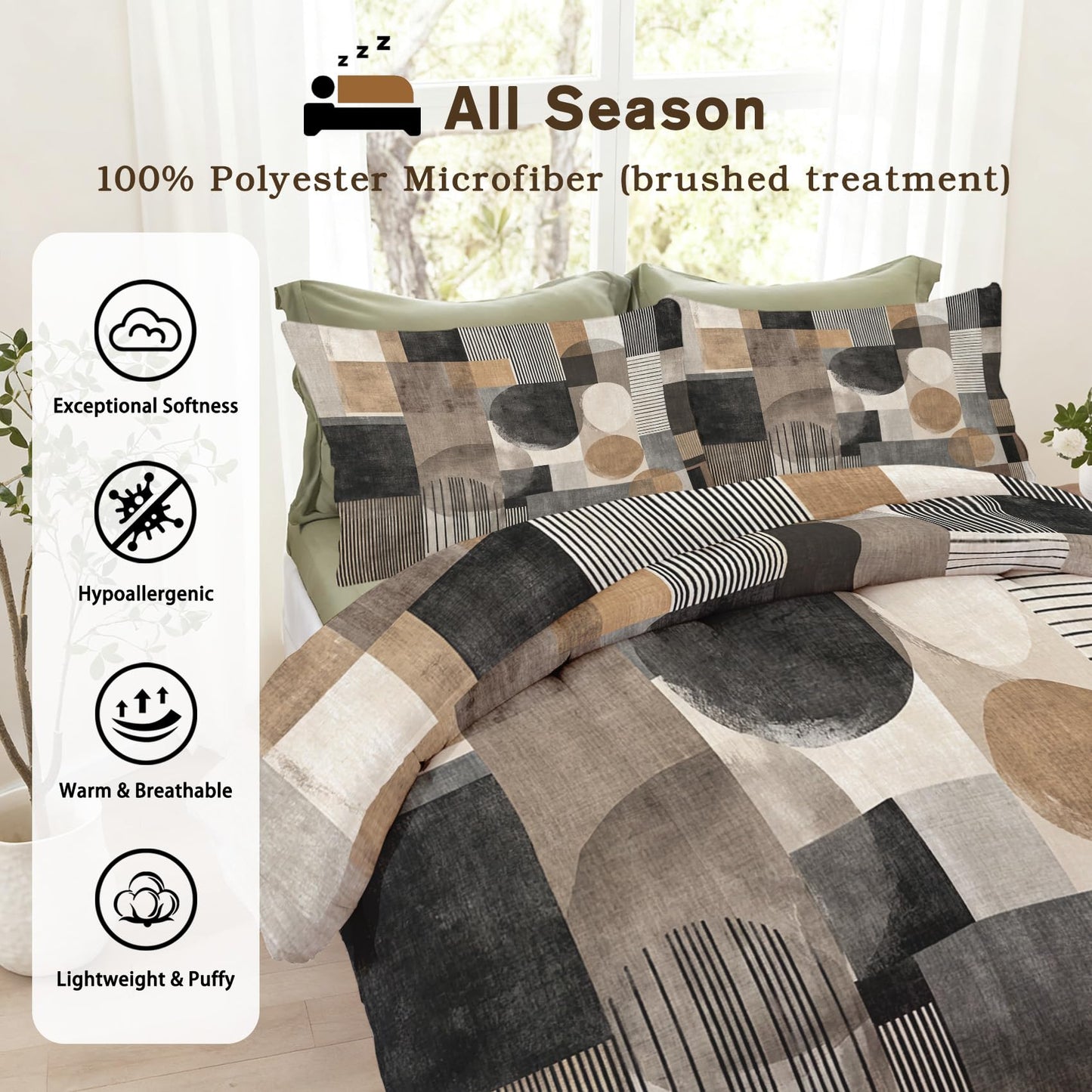 ZDABAOEC Mid Century Modern Queen Comforter Set 3 Piece, 2 Pillow Shams, Abstract Geometric Minimalist Reversible Down Alternative All Season Bedding, Soft Microfiber, Mid Century Bedroom Decor