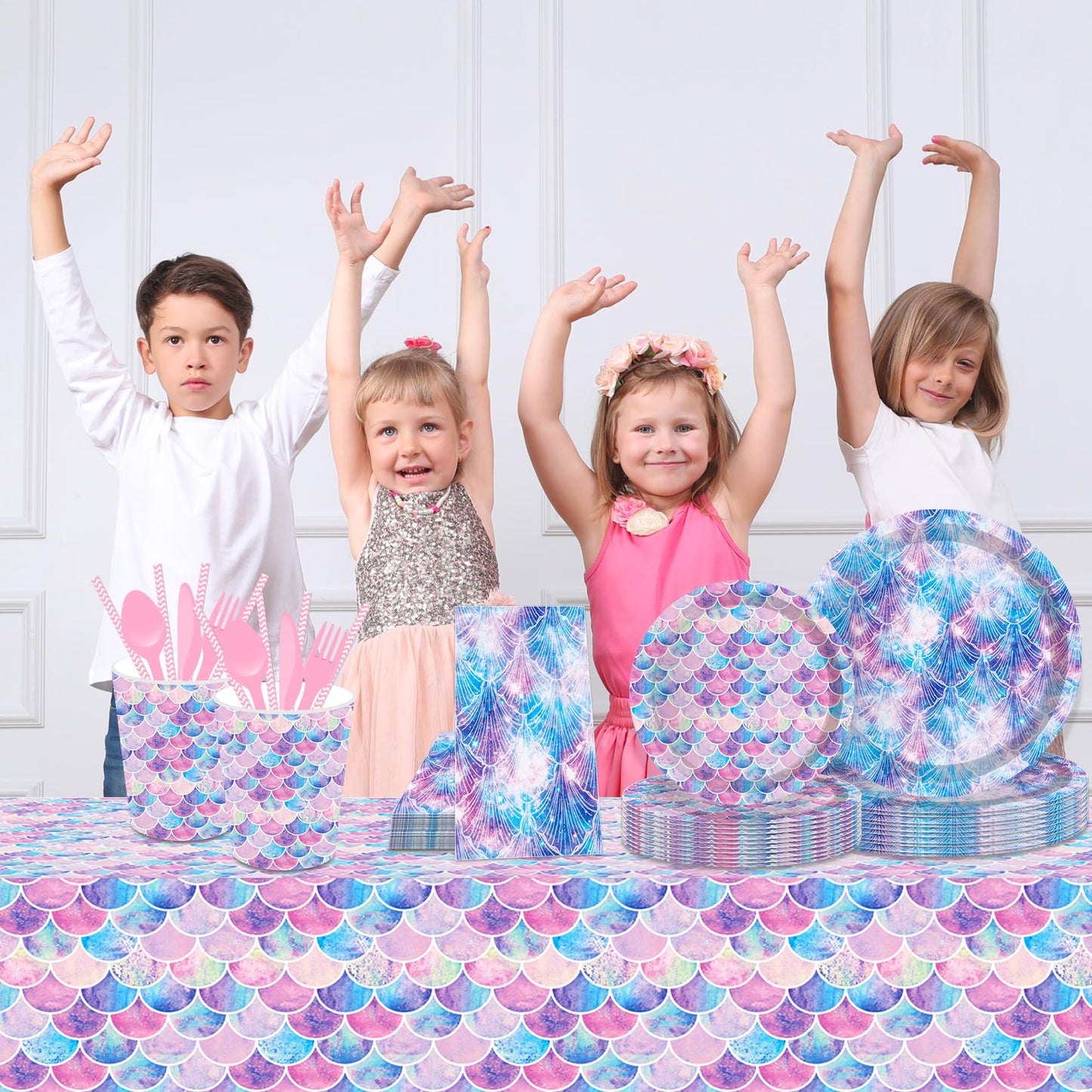 CC HOME 1Pc Fancy Mermaid Party Plastic Tablecloth 54 x 87 Inch Long Table Cover, Mermaid Scales Tail Party Tablecover for Fairy Tale Shell Kids Baby Shower Birthday Dinner Picnic Kitchen Event