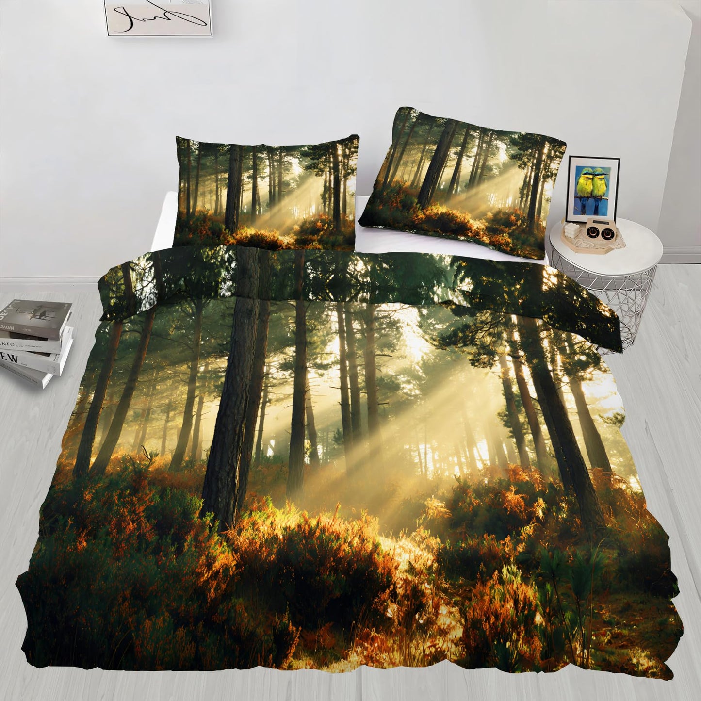 Forest Comforter Cover Full Size 80" x 90", Sunshine Forest Duvet Cover, Natural Woodland Tree Bedding Set with 2 Pillowcases