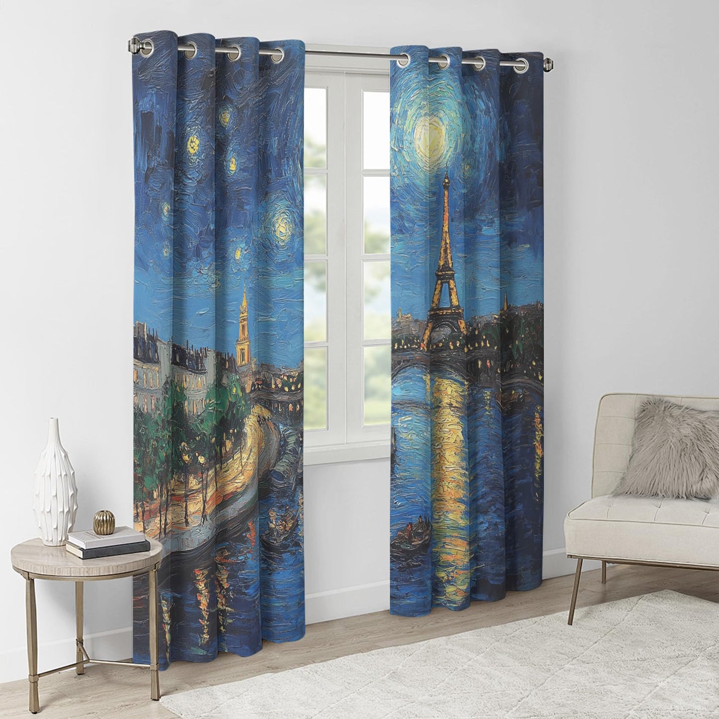 Efvrysm Paris Eiffel Tower Curtains, Cityscape Window Curtains, Starry Night Blackout Curtains for Bedroom Living Room Home Decor, Patterned Grommet Drapes 54 Inch Length 2 Panels Set