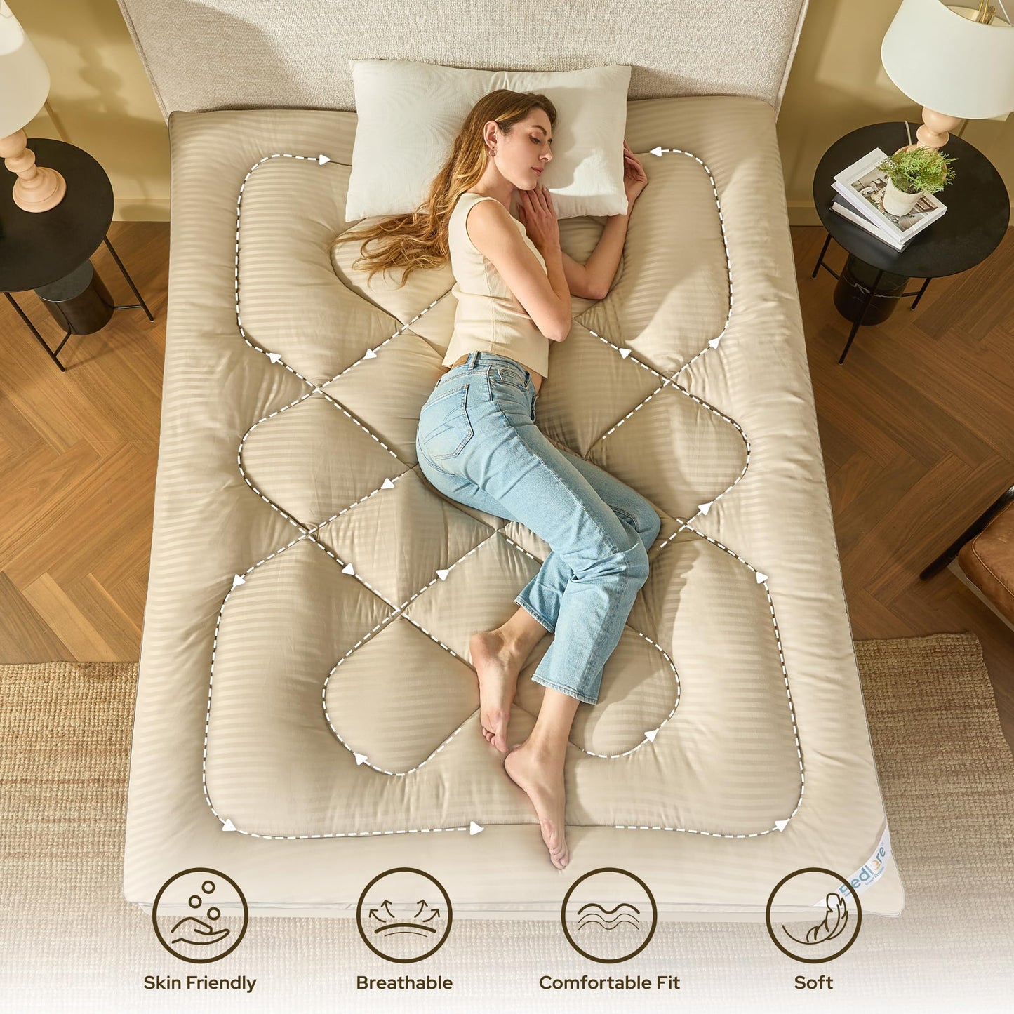 BEDLORE Twin Mattress Topper, Thick Pillow Top Pad for Back Pain Relief, Soft Mattress Cover with Deep Pockets 6-15 inch(Beige)
