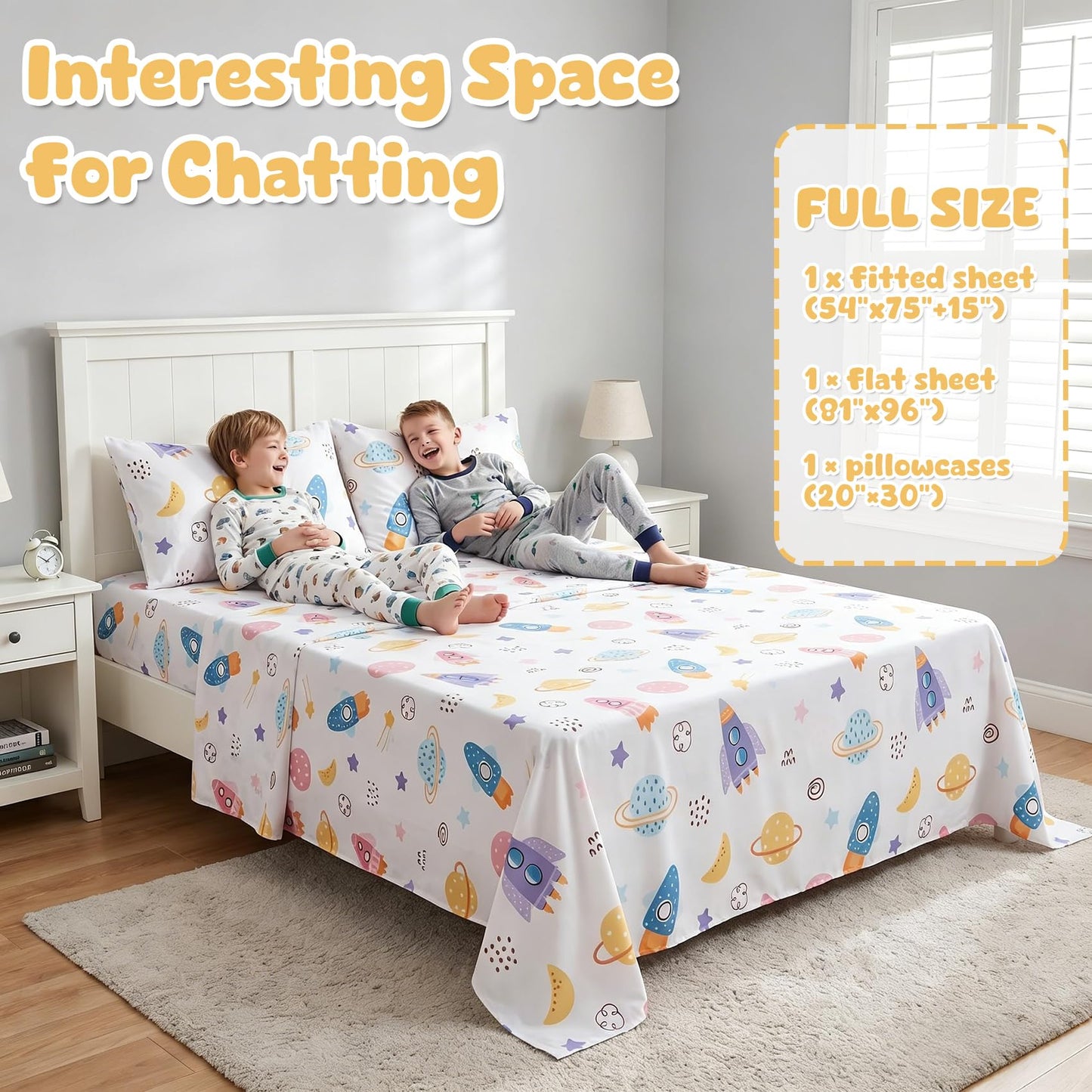 Ocharo Rocket Pattern Full Size Sheet Sets for Boys Girls,Soft Universe Galaxy Bed Sheets 4 Pieces - Cozy Breathable & Machine Washable - Rocket Spaceship Planet Bedding Set for Toddlers Teens