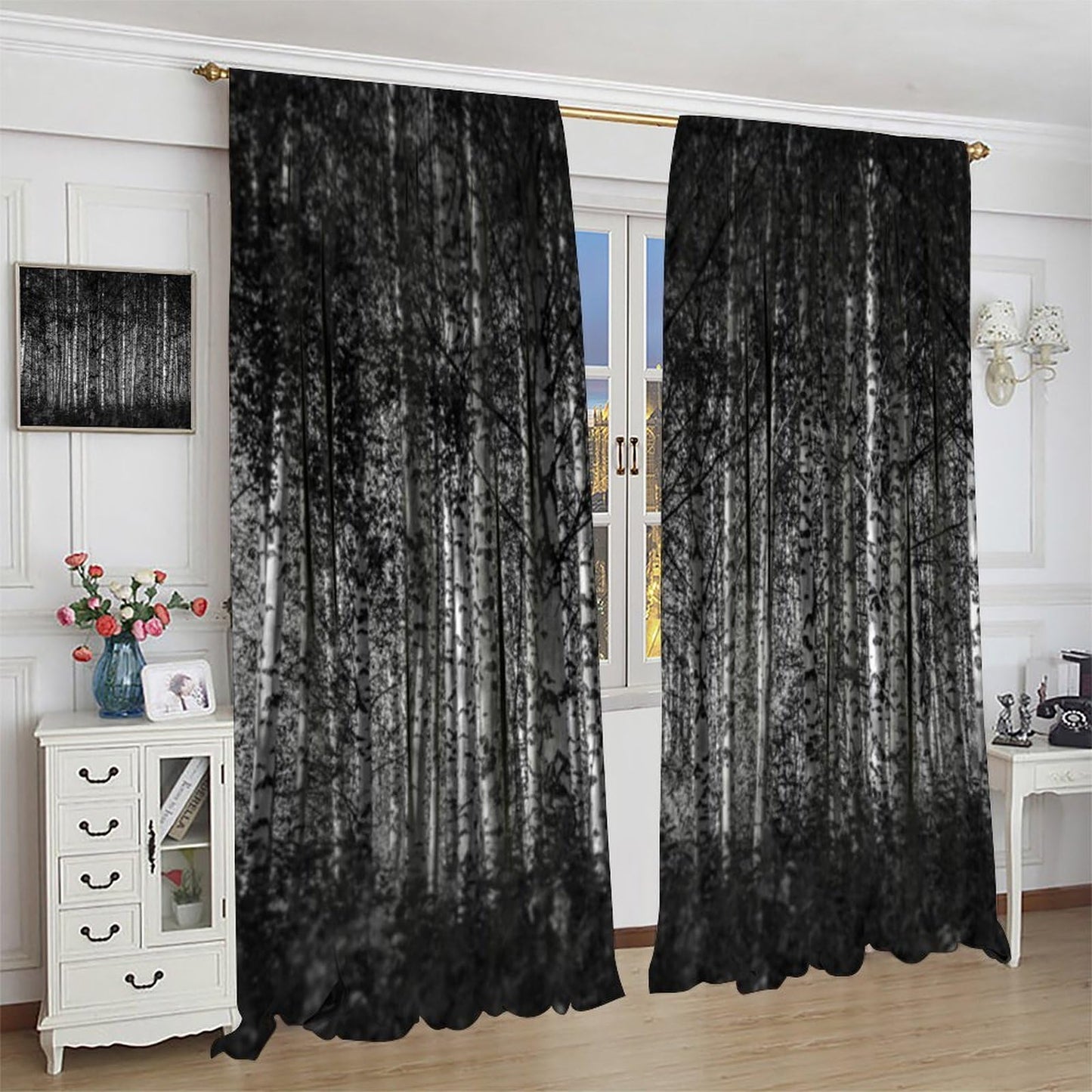 SHElifestyle Gothic Forest Window Curtains, Dark Scary Window Treatments Halloween Horror Spooky Black Trees Window Drapes for Bedroom Living Room W42 X L45