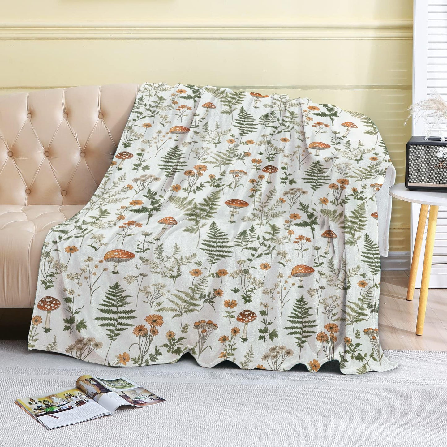 coedoaes Botanical Fleece Blanket - 50x60in Mushroom Fern Wildflower Throw Blankets,Soft Cozy Lightweight, Ideal for Living Room Home Nature Decor and Kids Women Girls Spring Gifts