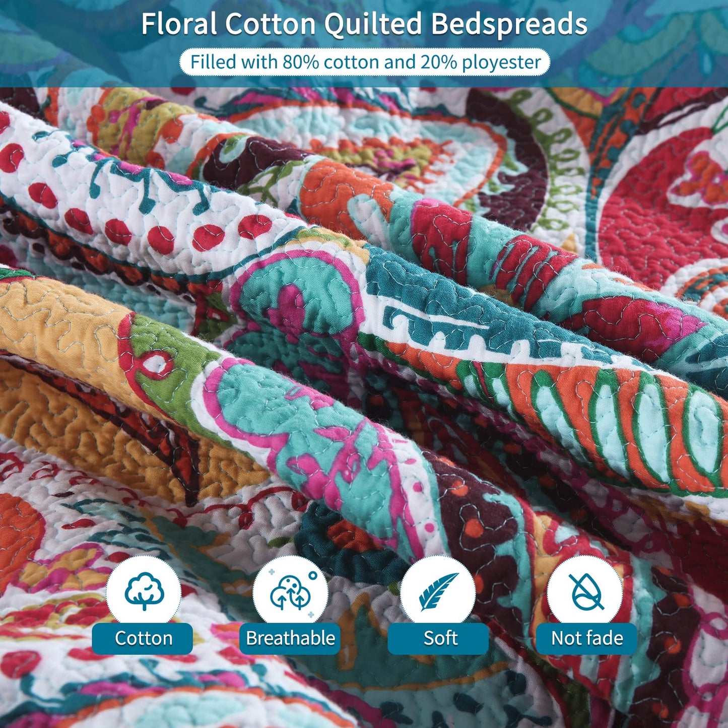Qucover Cotton Quilt Set, Queen Size, Multicolor Paisley, Boho Style, Soft Lightweight Coverlet with 2 Pillow Shams, 90x98 Inches