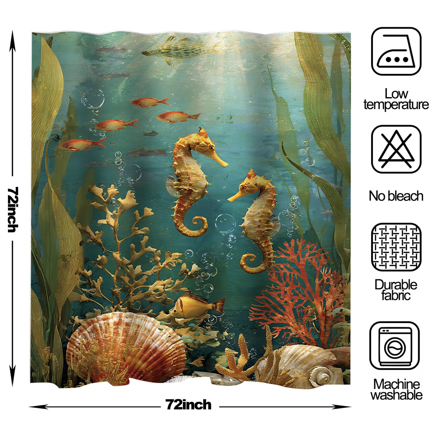 THISFIND Shower Curtain, Underwater Seahorse Coral Reef Scene Machine Washable Waterproof Fabric for Bathroom Decor Bathtub with 12 Hooks 72x72