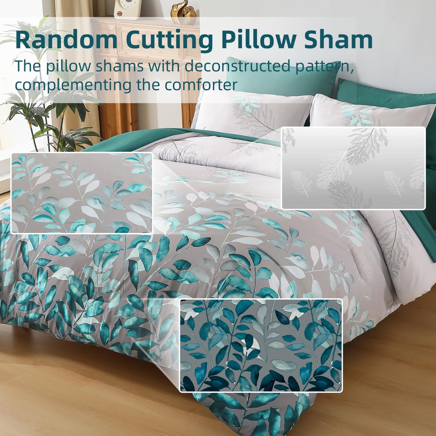 Anibedding Teal Green Floral Comforter Set Queen, 7 Piece Green Botanical Gradient Leaves Ultra Soft Microfiber Down Alternative Bedding Set with Sheets and Bedroom for All Season