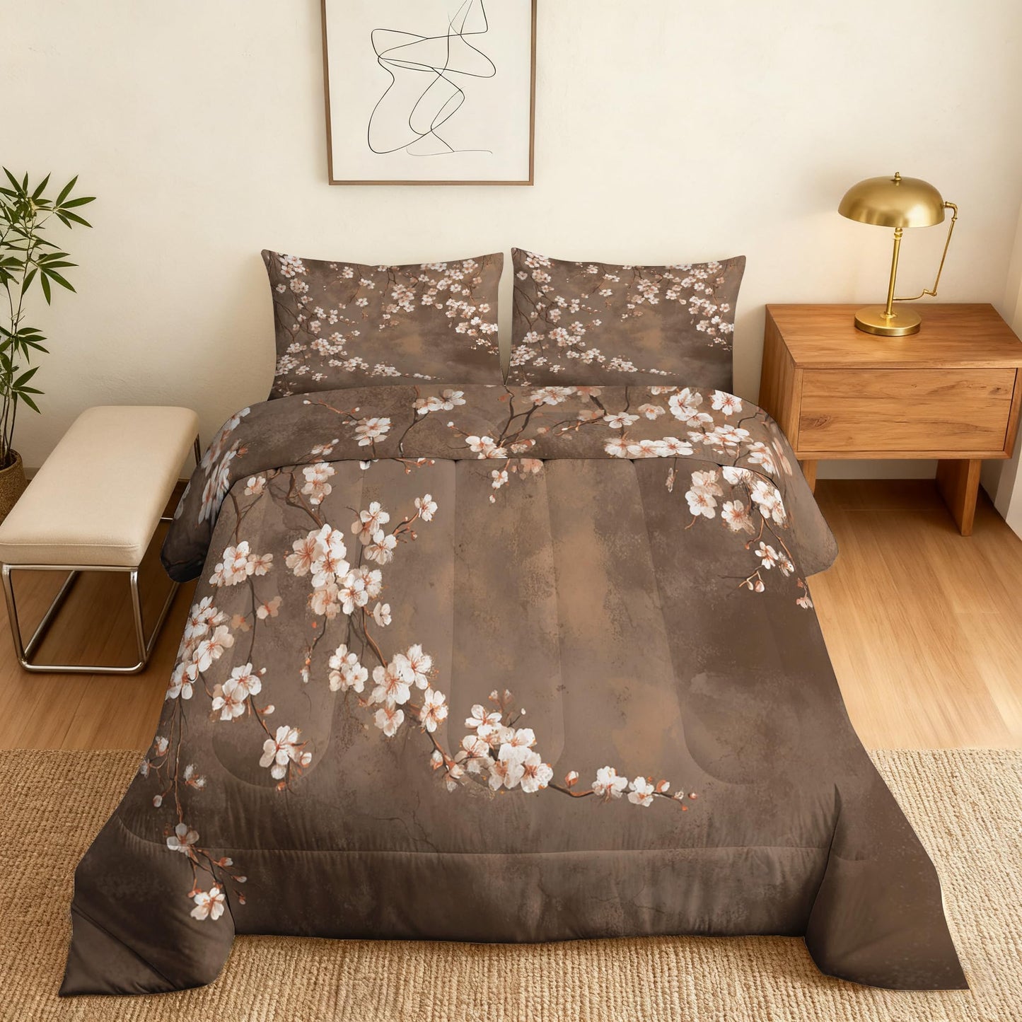 TANCAPRIUM Japanese Cherry Blossom Comforter Set Twin - Floral Bedding Set & 2 Pilow Cases for All Season - Soft Reversible Down Alternative 3 Piece. Flower Bedrom Decor