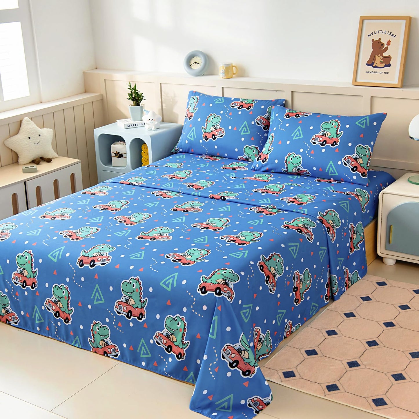 MCO Twin Sheets Set Kids, Soft Microfiber Bed Sheet Set for Boy Girls, 3 Pieces Breathable Twin Sheets Dinosaur Blue