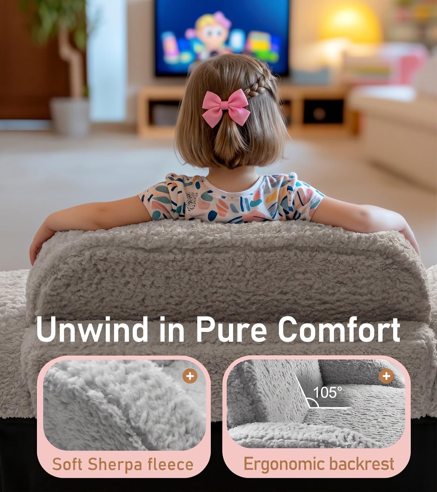 little dove 2-in-1 Sherpa Fold Out Kids Couch, Extra Wide Comfy Kid Chair, Convertible Kids Sofa, Foldable Kid Couch with High Density Foam for Boys & Girls, Gray