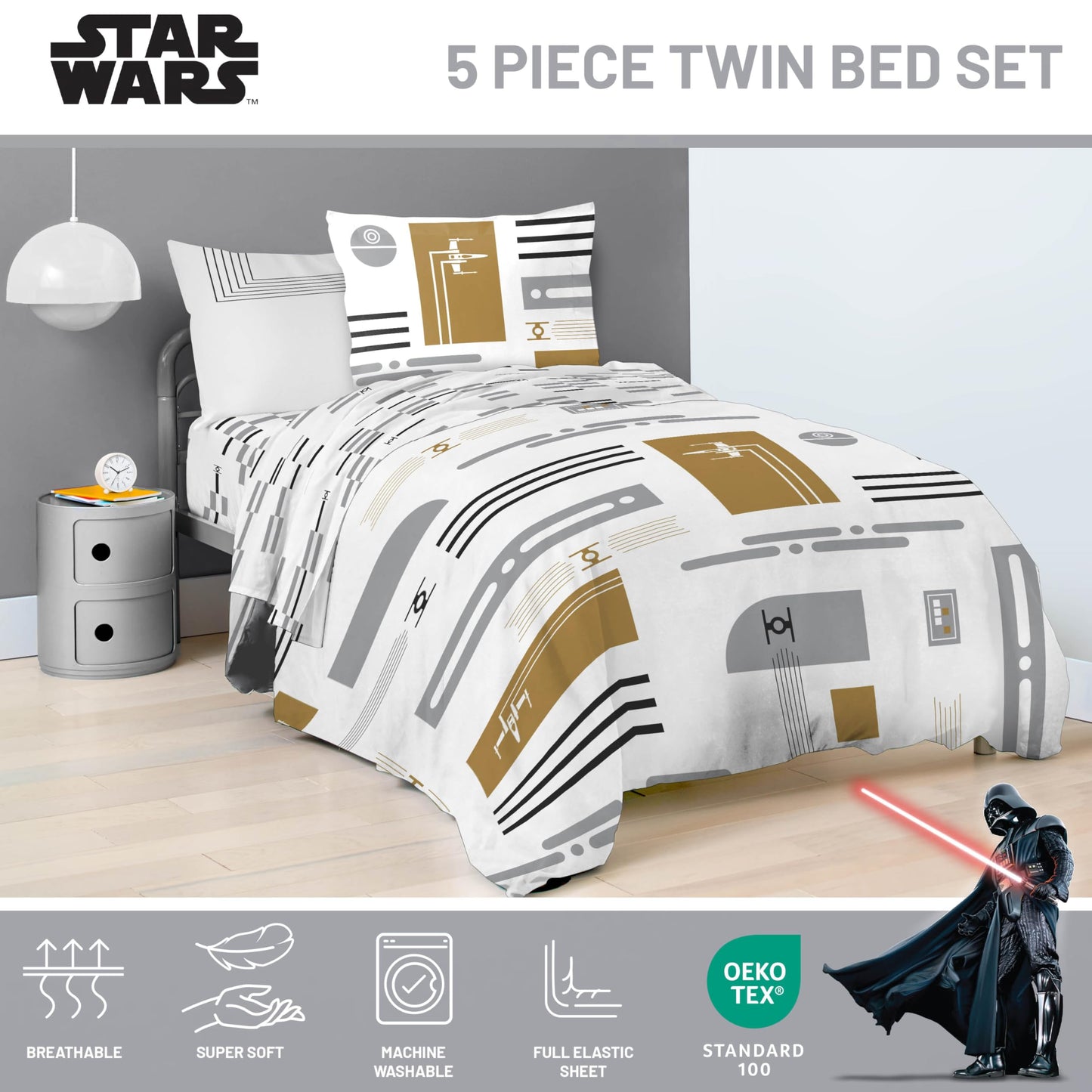 Jay Franco Comforter Set Includes Sheets and Pillow Covers - Soft and Cozy Bed Set for Stylish Room Decor, White - Star Wars, 5 Piece Twin Bedding