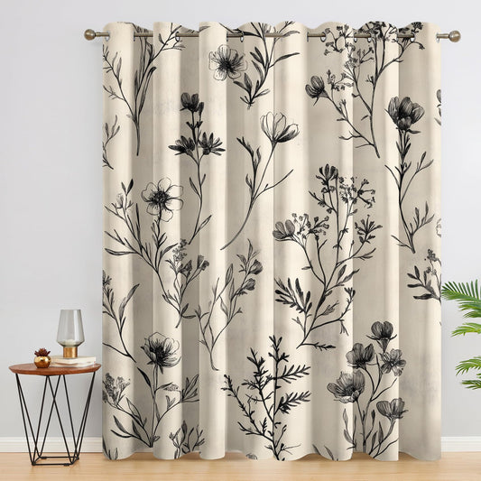 Black Floral Curtains for Bedroom, Vintage Flower Curtain for Living Room, Country Botanical Window Curtains, Grommet Drapes 63 Inch Length 2 Panels Set - Blackout - HjL7270