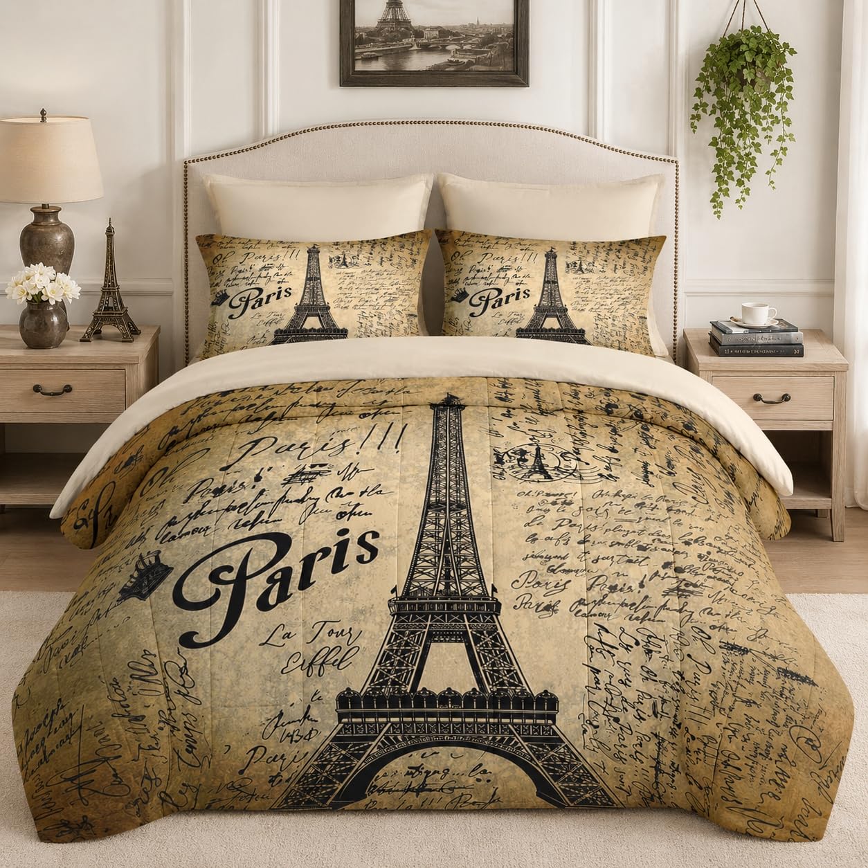 Pamnest Comforter Set Queen Size, Paris Eiffel Tower 7 Pcs Bedding for Kids and Adults, Love Retro Brown Bed Sheet Sets with Fitted Sheet 2 Pillowcases & 2 Shams for Bedroom Bed Decor