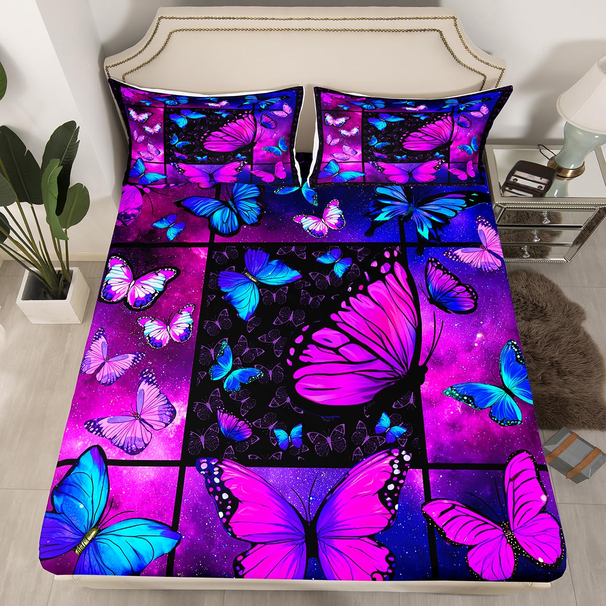 Purple Butterfly Bed Sheets Deep Pocket King,Mystic Galaxy Bed Sheet Set Blue Butterfly Bedding Sets for Kids Girls Teens Women,Psychedelic Starry Sky Fitted Sheet Aesthetics Flat Sheet 4 Pcs
