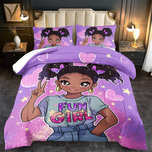 llyxsesty African American Black Girl Comforter Set King Size,Cute Black Girl Bedding Set King for Kids,Kawaii Heart Comforter Purple Bedding Decor for Teen,Purple Bed Quilt