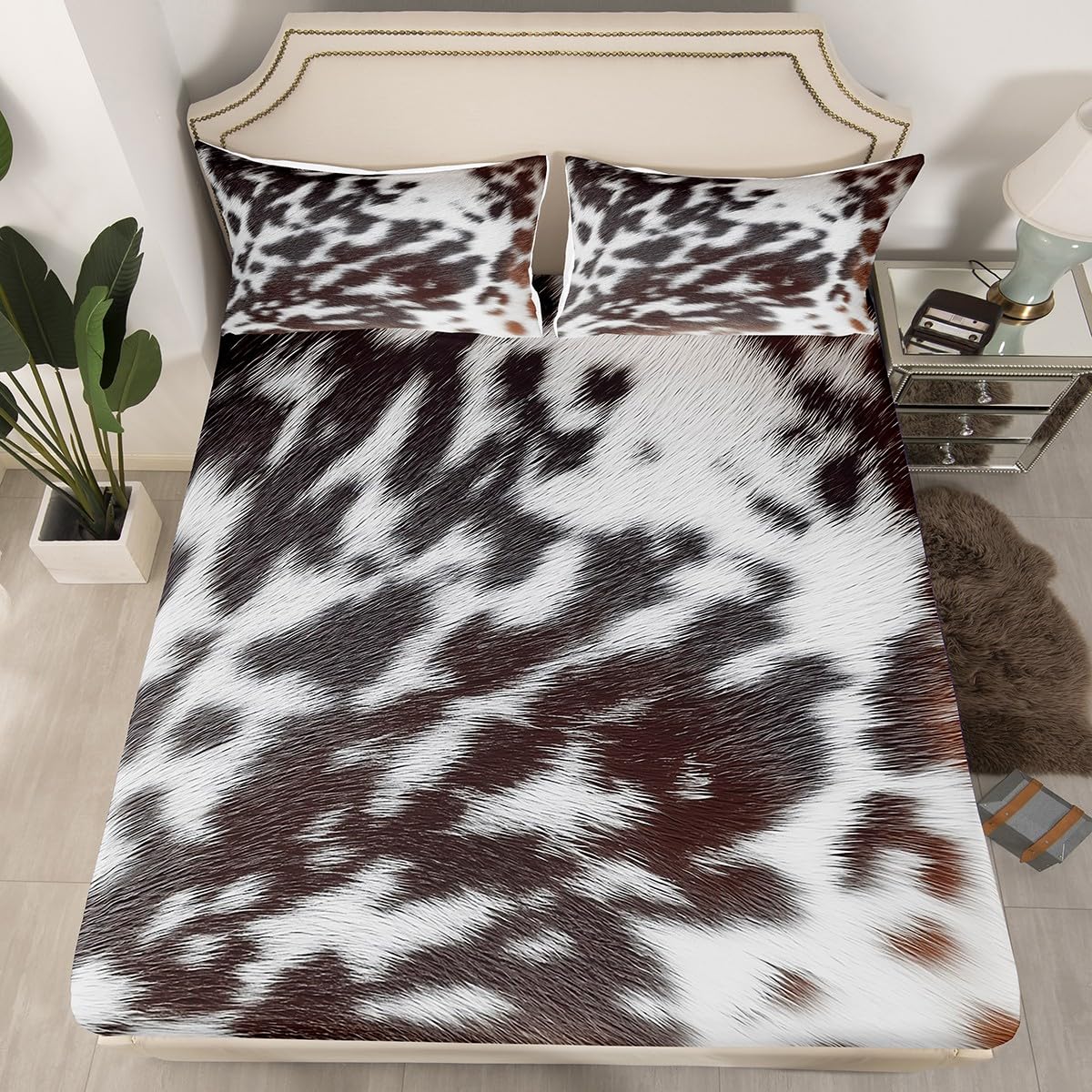 Brown Cowhide Bedding,Aztec Black White Aztec Cow Print Bed Sheet Set King,Western Farm Animal Bed Sheets for Kids Boys Girls Men Women,Rustic Cowboy Cow Fur Fitted Sheet & Flat Sheet 4 Pcs