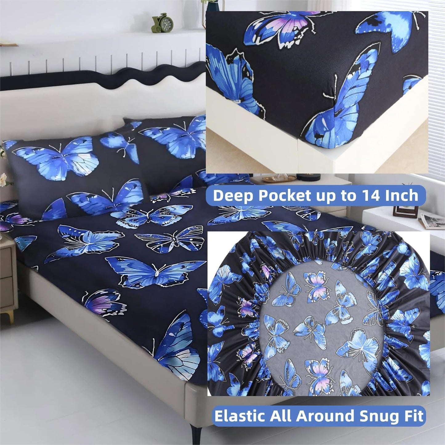 SDIII Blue Butterfly Twin Fitted Sheet with 2 Pillowcases, Deep Pocket Soft Microfiber Butterfly Sheet Twin Size for Girls Boys Kids and Teens
