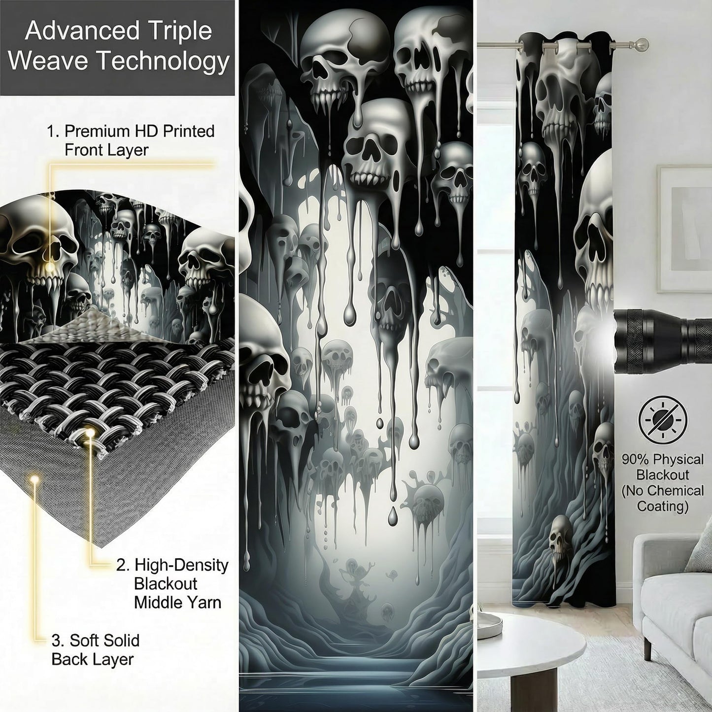 ONINUO Horror Skull Blackout Curtains for Girls Boy Home Decor, Day of The Dead Spooky Halloween Grommet Thermal Insulated Drapes Darkening Window Curtain for Bedroom Living Room, 42 x 45 Inch