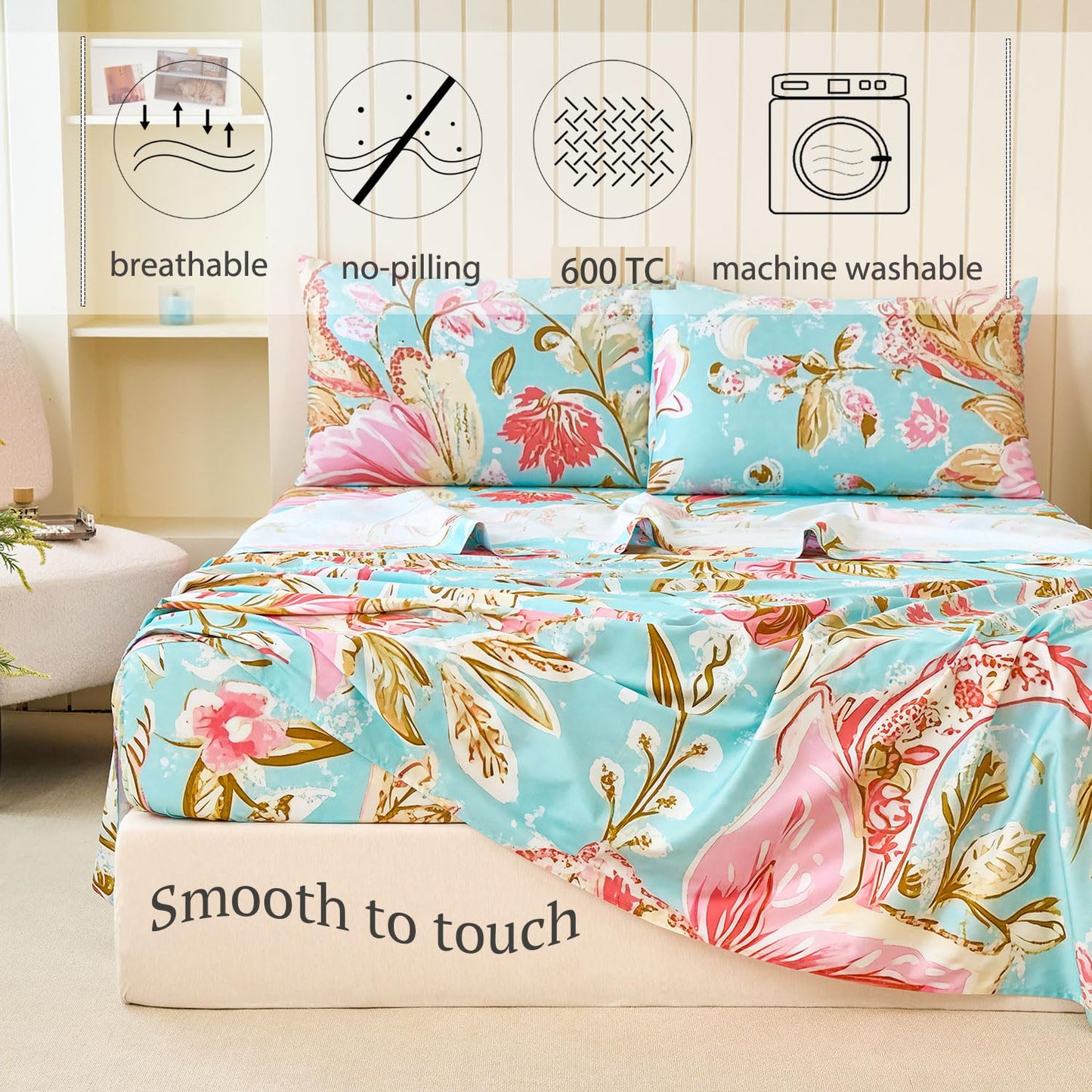Zusbest Blue Paisley Sheets Queen Size 100% Cotton Satin Weave Pink Floral Bed Sheet Set Abstract Design, Soft Cooling for Hot Sleepers, Luxury Shabby-Chic Countryside Bed Set Deep Pocket 17.5‘’