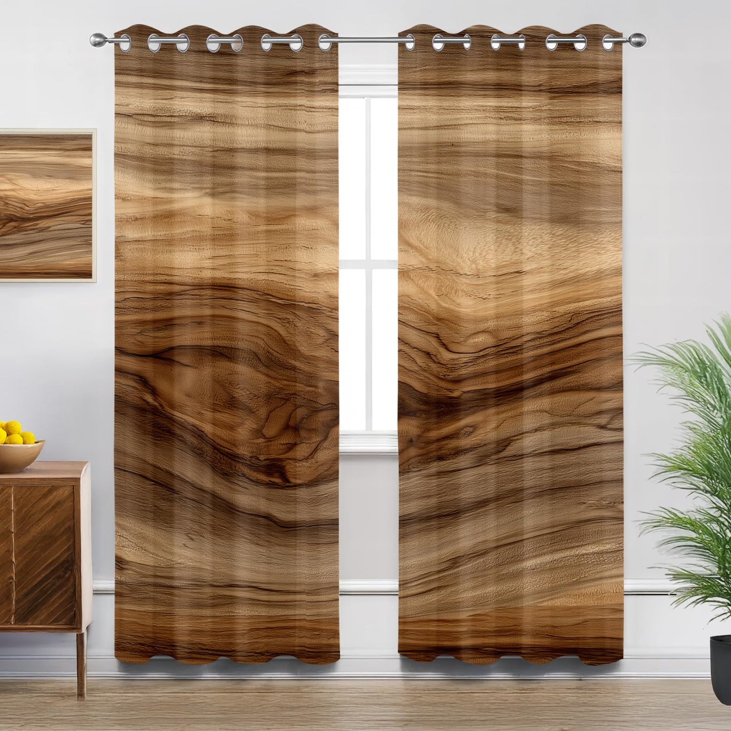 Solvivae Brown Blackout Curtains for Bedroom Living Room, Modern Rustic Country Farmhouse Patterned Window Treatments, Room Darkening Thermal Insulated Grommet Drapes, 45 Inch Curtains 2 Panel Set