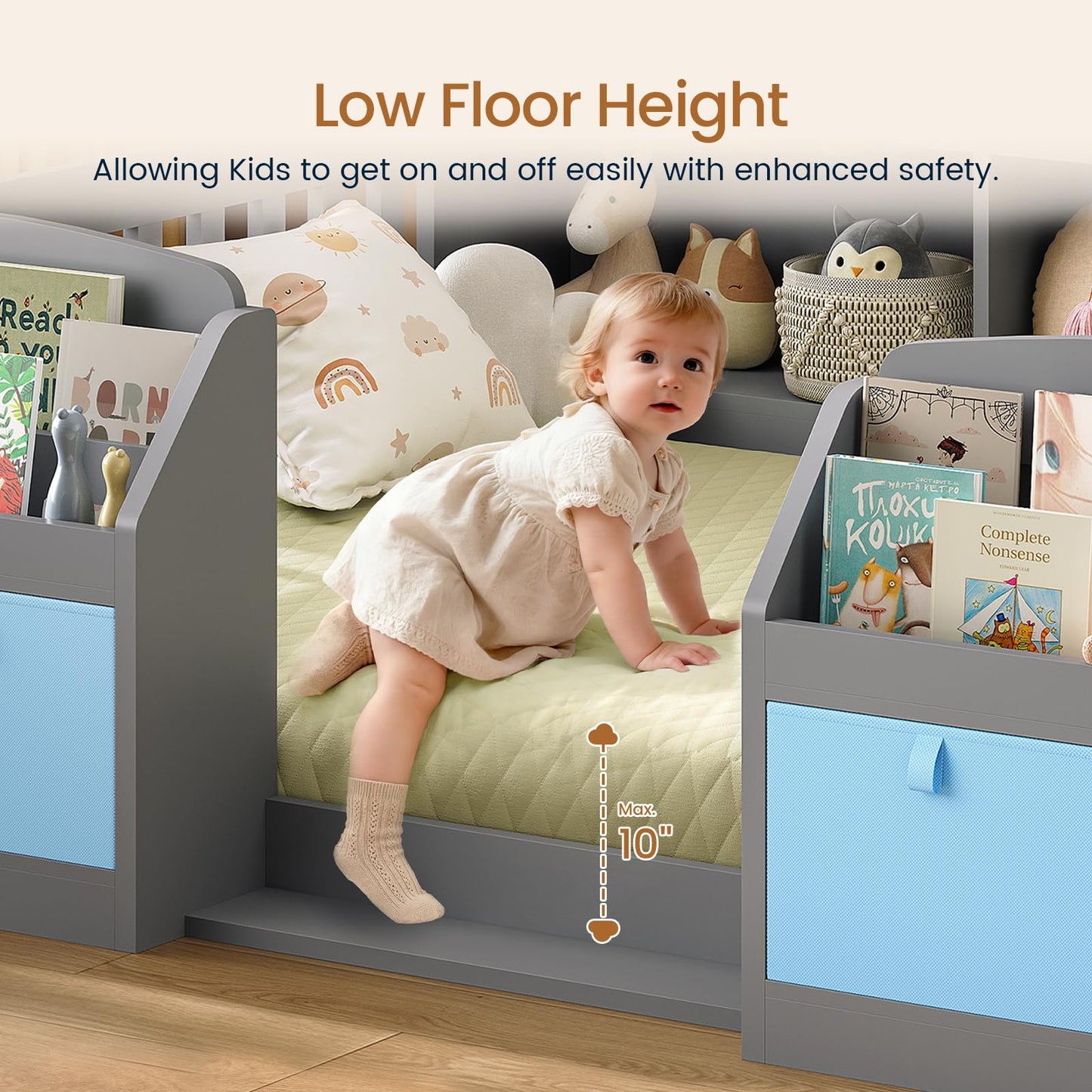 AOGLLATI Full Size Floor Wooden Montessori Bed Frame for Kids Boys Girls with 4 Fabric Drawers, Both Sides Bookshelves, 2-Tier Side Shelf, Side Pockets and Rails, Without Slats, Grey