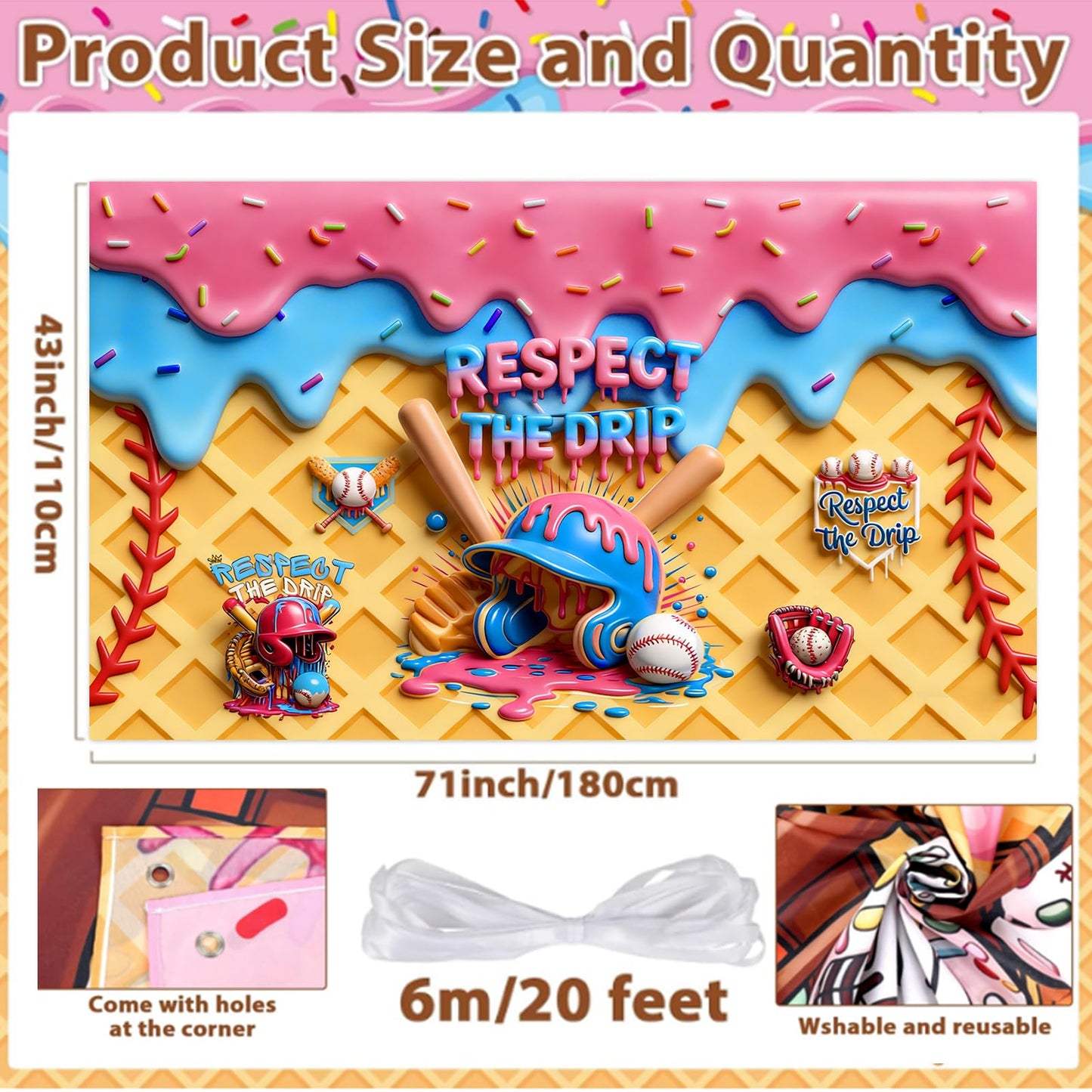 Ice Cream Drip Baseball Birthday Party Decoration 3D Visual Effect Baseball Ice Cream Drip Theme Banner Sports Party Hanging Photo Supplies for Summer Party Gathering Decorations