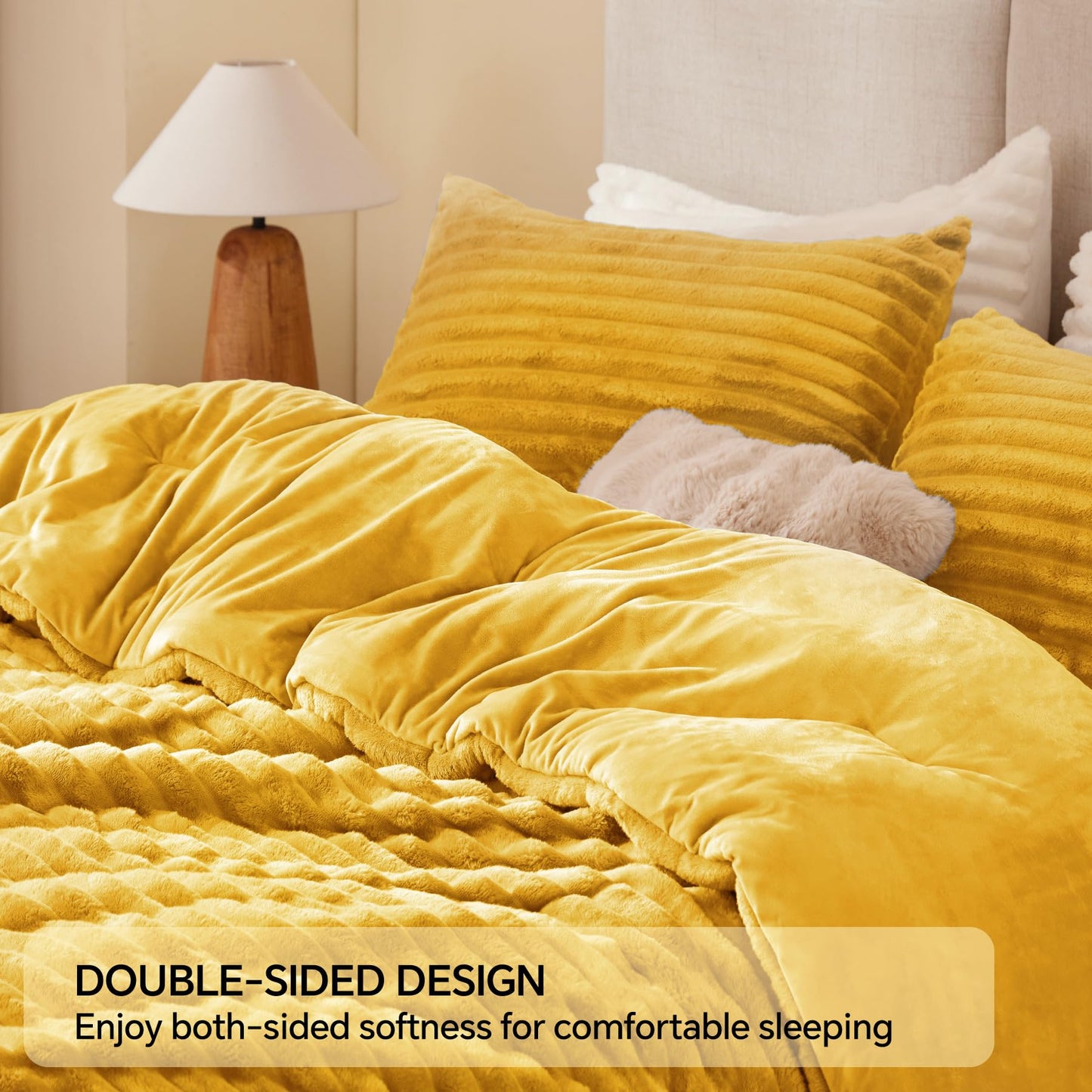 BEDELITE Fleece Queen Comforter Set -Super Soft & Warm Fluffy Mustard Yellow Bedding, Luxury Fuzzy Heavy Bed Set for All Season with 2 Pillow Cases
