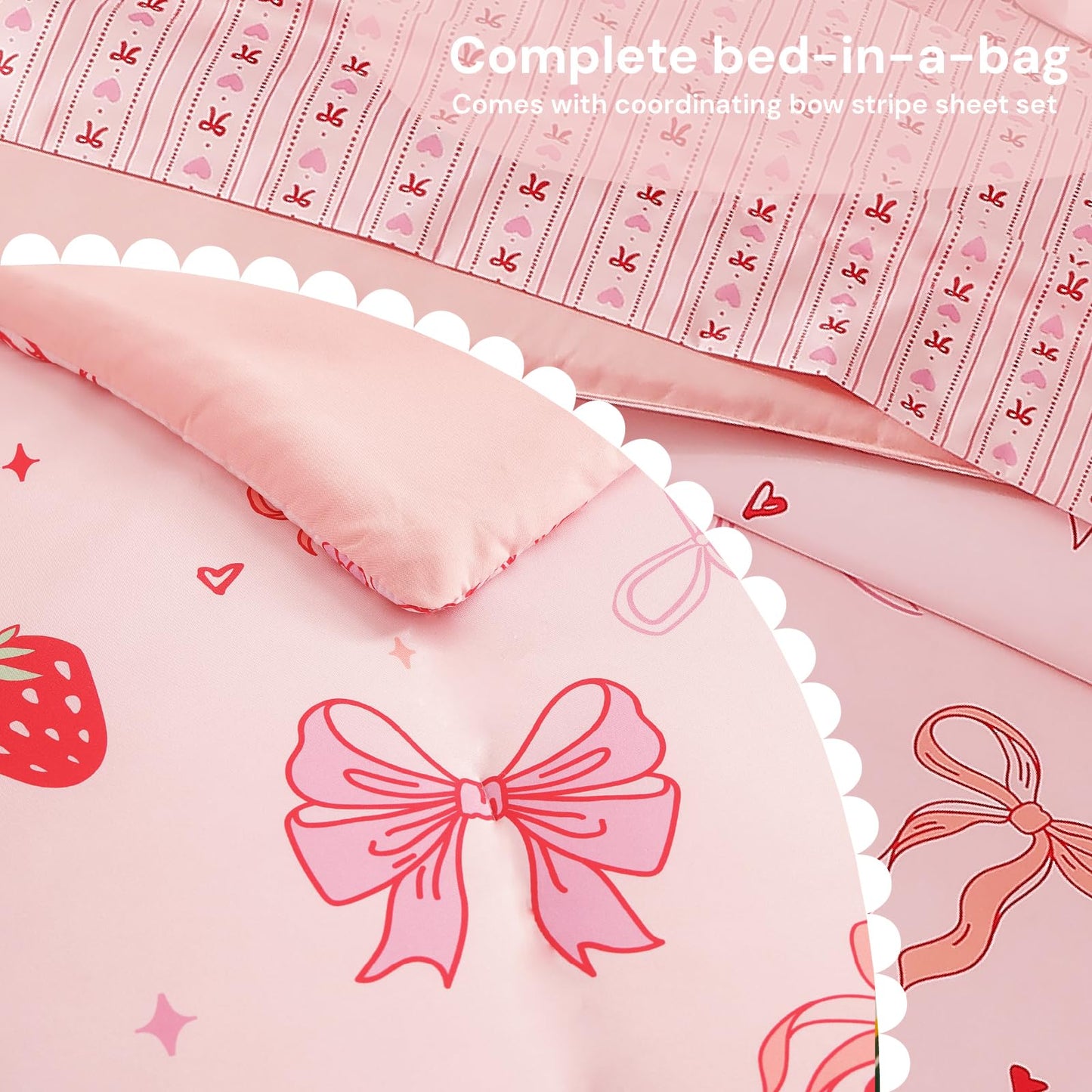 BLOOMHAVEN Twin XL Comforter Set for Girls, 5 Pieces Pink Bedding Set with Strawberry Bow, All Seasons Kids Twin Comforter Set with Sheets, Pillowcase & Sham