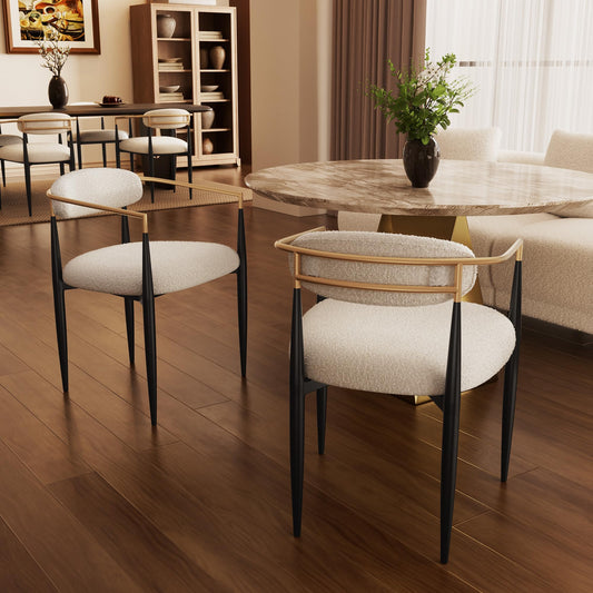 Morden Fort Modern Dining Chairs Set of 2, Cream Boucle Dining Chairs with Upholstered Cushions and Gold Arms for Kitchen, Living Room and Apartment