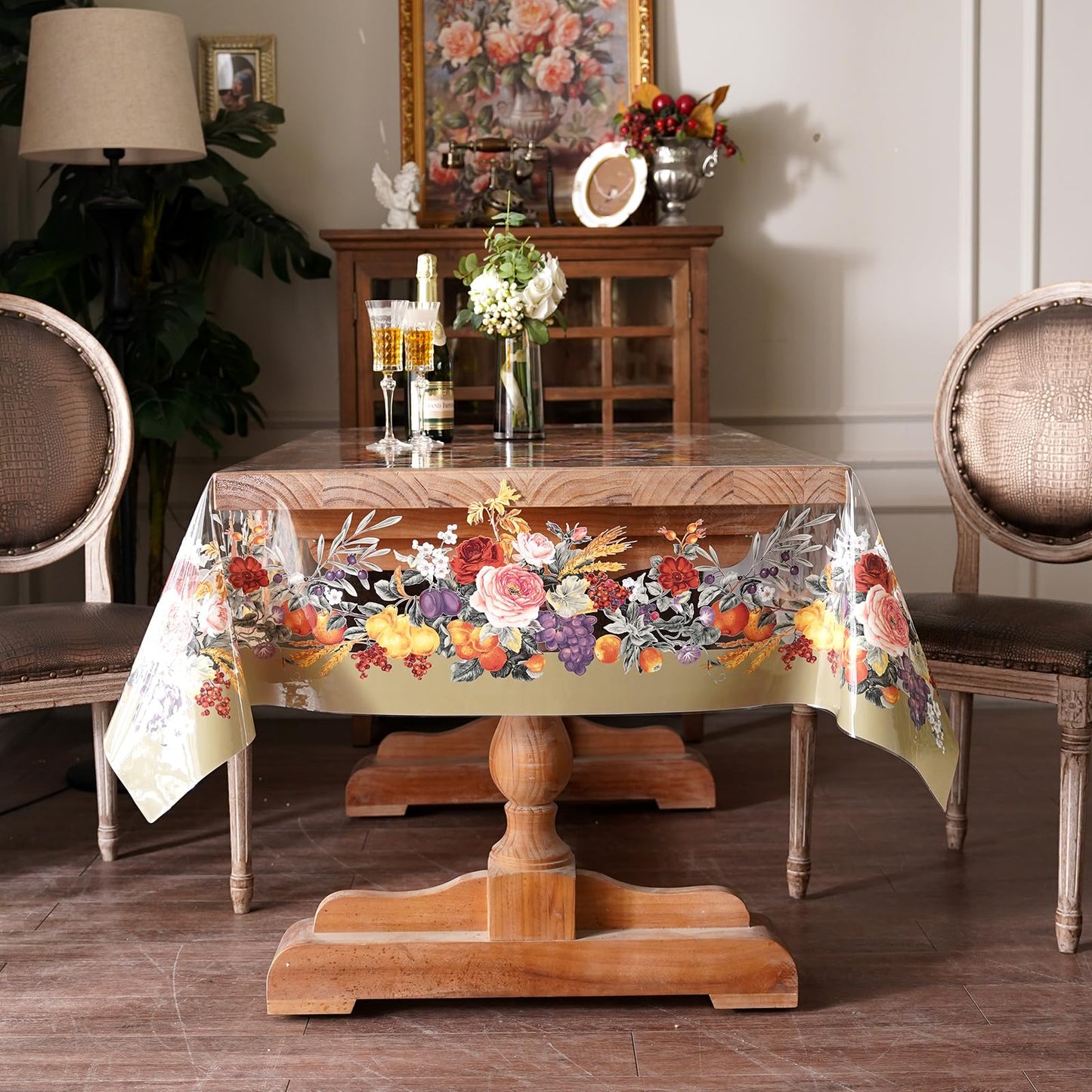 Artbloss Clear Table Cover Protector Vinyl PVC Rectangle Table Cloth with Floral Fruit Pattern Oil Spill Proof Plastic Tablecloths for Dining Tables Parties Holidays (Floral Fruit, 52 x 70 Inches)