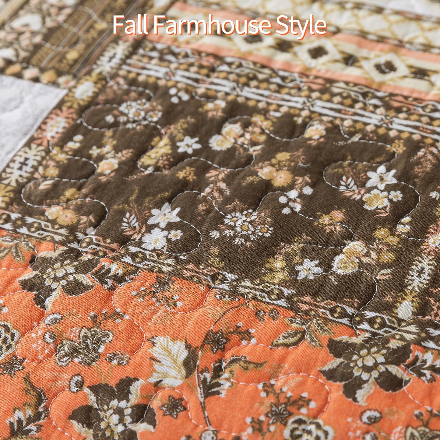 BEDIFANY Farmhouse Cotton Quilts Queen Size for Fall - Lightweight Patchwork Autumn Bedspread Set for Bed Coverlet - Highly-Woven Soft Reversible Bed Spread for All Seasons (Floral Orange) 3 Pieces