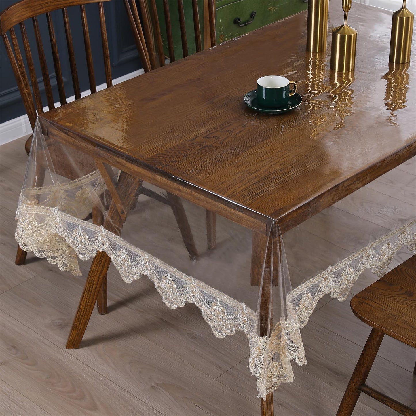 Rakila Clear Plastic Rectangle Tablecloth Vinyl Waterproof Table Cloth Embroidered Lace Edge Transparent Table Cover for Dining Kitchen Outdoor(60 x 98 inch, Coffee Style 2)