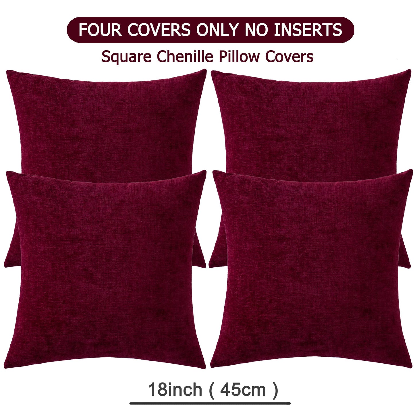 GAWAMAY Decorative Square Throw Pillow Covers 18"x18" Inch Set of 4, Super Soft Chenille Pillows Cover Fall Pillowcase for Living Room Bedroom Sofa Couch Cushion Cover Burgundy Red 45x45cm
