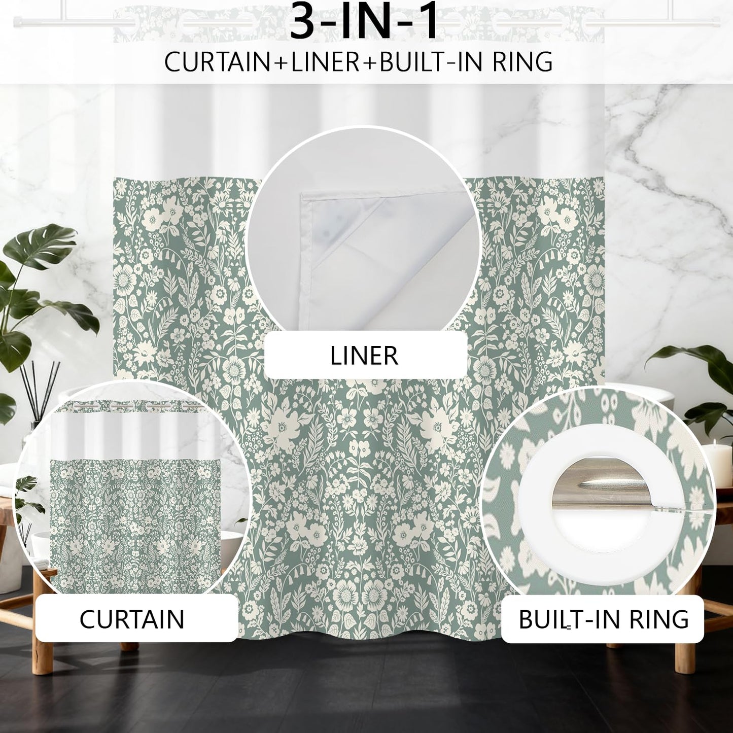 NAEMBCU Sage Green Floral Shower Curtain and Liner Set 71x74 Inch