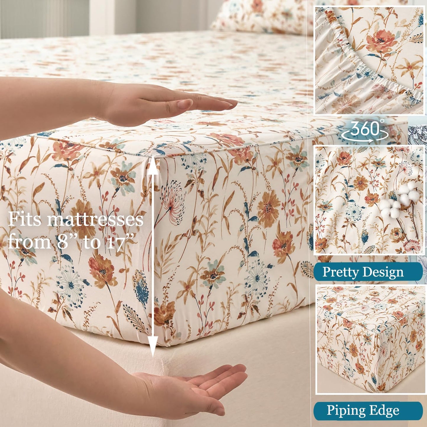 Zusbest Queen Sheets Set 100% Percale Cotton - Boho Floral Botanical Printed Bedding with Deep Pocket 17.5'', Vintage Burnt Orange & Teal Design, 4-Piece Soft Breathable Sheets