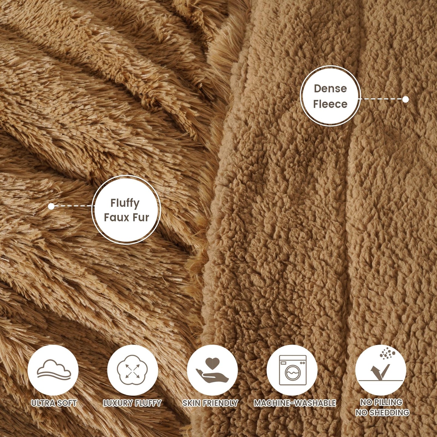 PHF Luxury Fuzzy Faux Fur Twin Blanket, Soft Shaggy Plush Comfy Blanket, Warm Thick Fluffy for Couch, Bed, Chair, Sofa, Furry Elegant Throw for Home Decor, Taupe, 60" x 80"