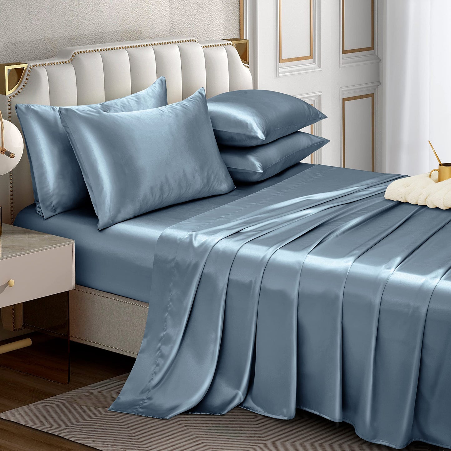 Horbaunal 4 Piece Satin Sheet Set Twin Size Luxury Silky & Soft Dusty Blue Satin Twin Bed Sheet Set with 16" Deep Pocket, 1 Fitted Sheet, 1 Flat Sheet, 2 Pillowcases