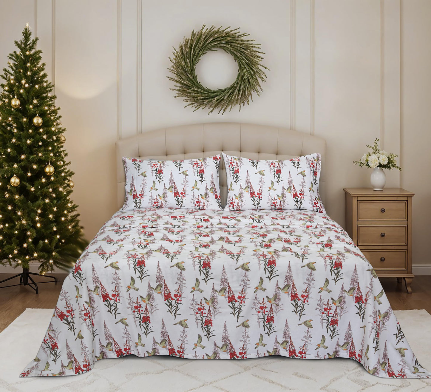 RUVANTI Flannel Sheets Queen Size - 100% Cotton Double Brushed Bed Sheets, Deep Pockets 16 Inches Queen Sheet Set, All Seasons Breathable & Extra Soft - Warm & Cozy, 4 Piece, Garden Song