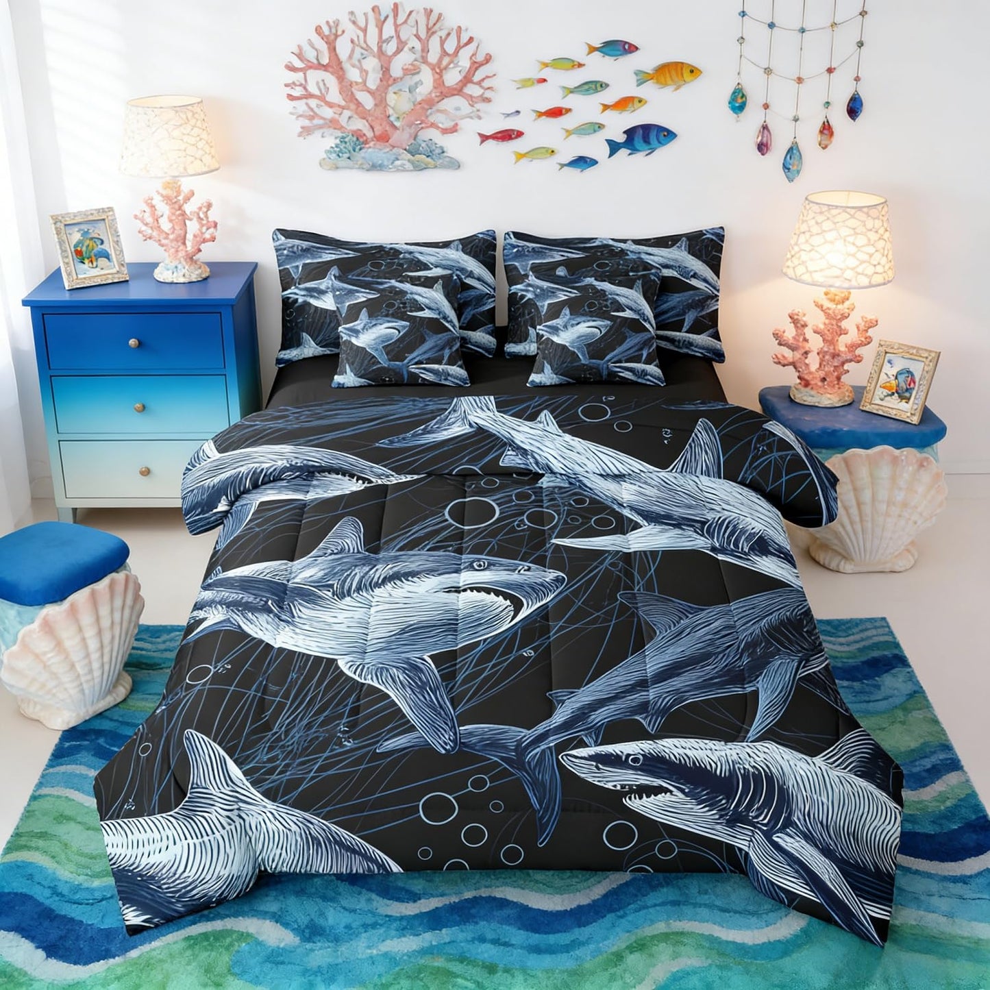 Erosebridal Shark Comforter Set Ferocious Shark Bed in A Bag Full Size 7 Pieces Underwater World Oasis Bed Set Sea Ocean Animal Bedding