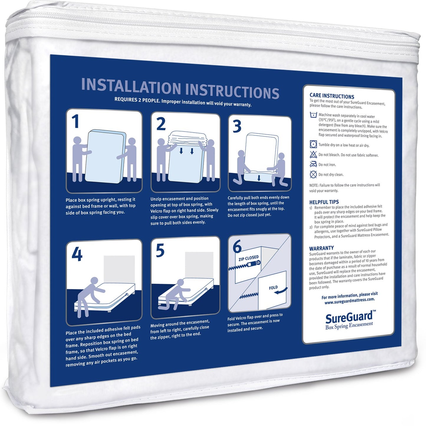 SureGuard Full Size Box Spring Encasement - 100% Waterproof, Bed Bug Proof, Hypoallergenic - Premium Zippered Six-Sided Cover