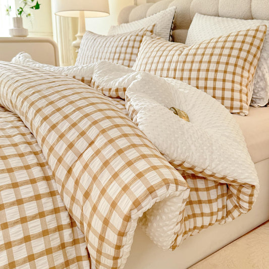 tohrisa Boho Comforter Set Twin Size - 2 Pieces Lightweight Jacquard Seersucker Bedding Sets (1 Soft Fluffy Grid Comforter & 1 Pillowcase) - All Seasons Cozy Modern Bed Set(68"x90" Beige)