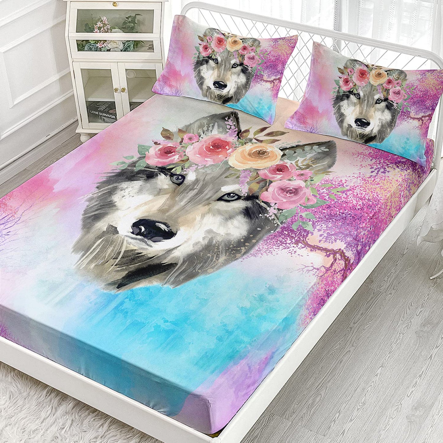 XYNHML Wolf Bedding Set Tie Dye Rose Fitted Sheet for Kids Teens Room Decor Wild Animals Bed Cover with 2 Pillowcases