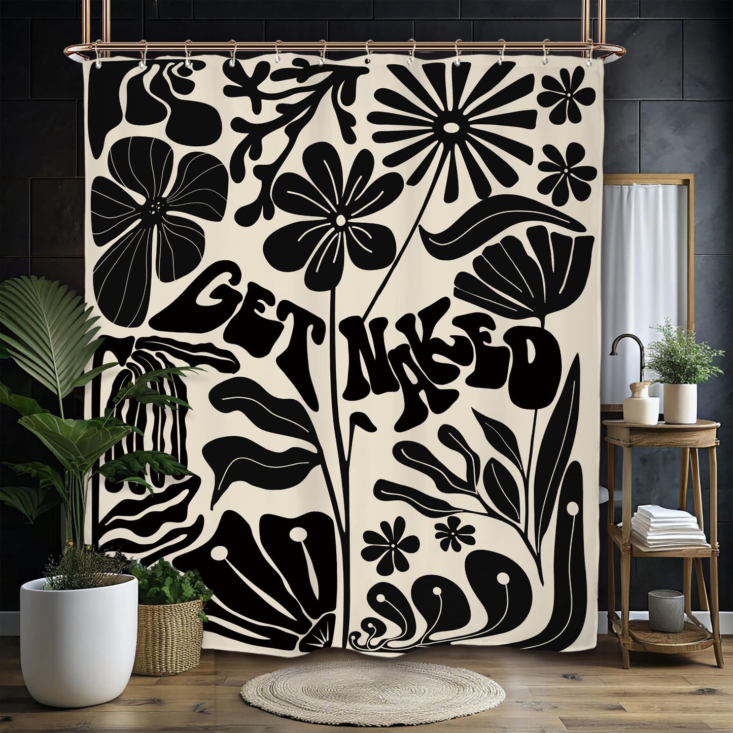 Miyotaa Retro Black Matisse Flower Shower Curtain Set 60Wx71H Inches Get Naked Minimalist Modern Neutral Abstract Vintage Polyester Bathroom Curtain with 12 Hooks