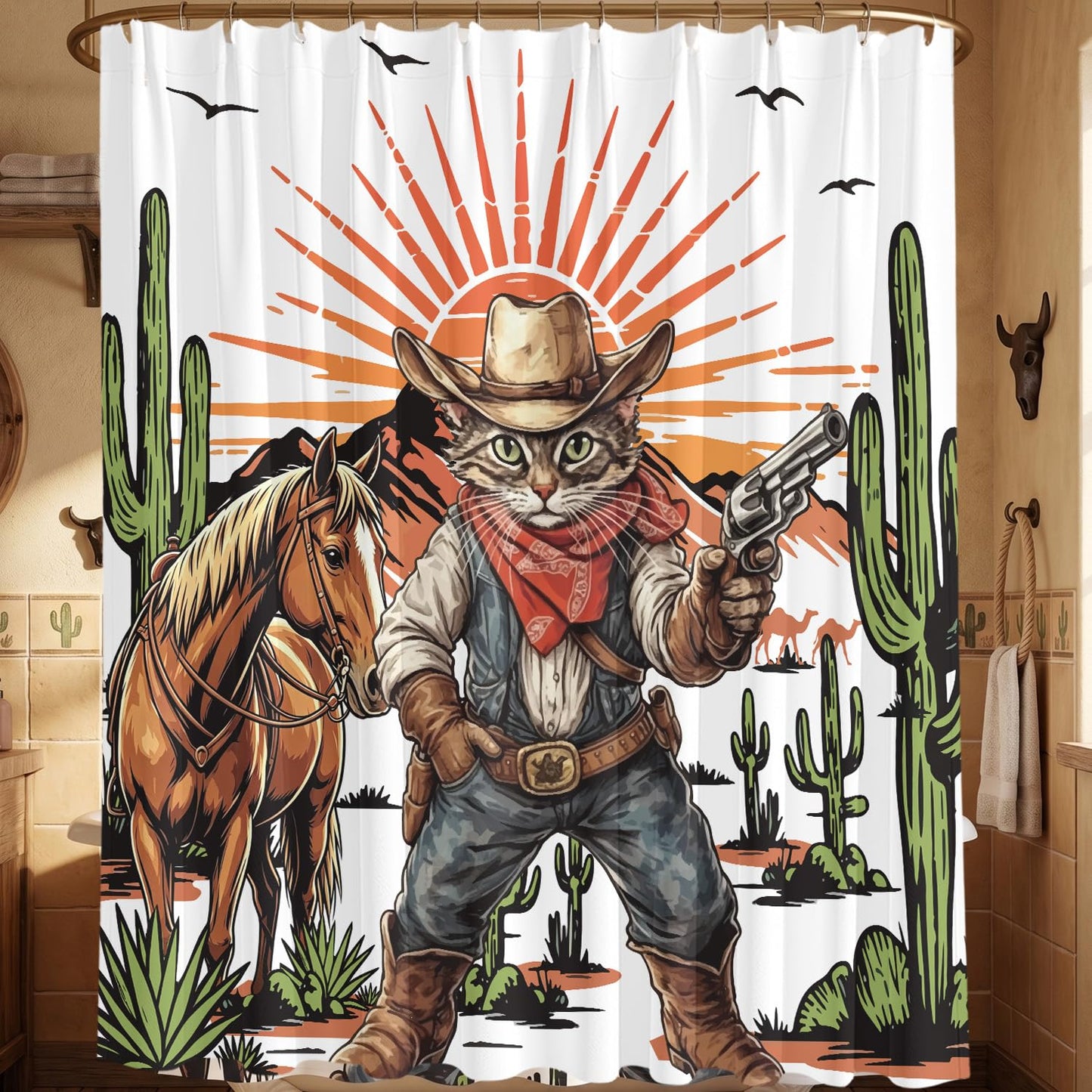 InIsaJace Cowboy Cat Shower Curtain, Funny Western Shower Curtains for Bathroom Decor, Waterproof Cactus Bath Tub Curtain with Hooks(71 X 71 Inches)