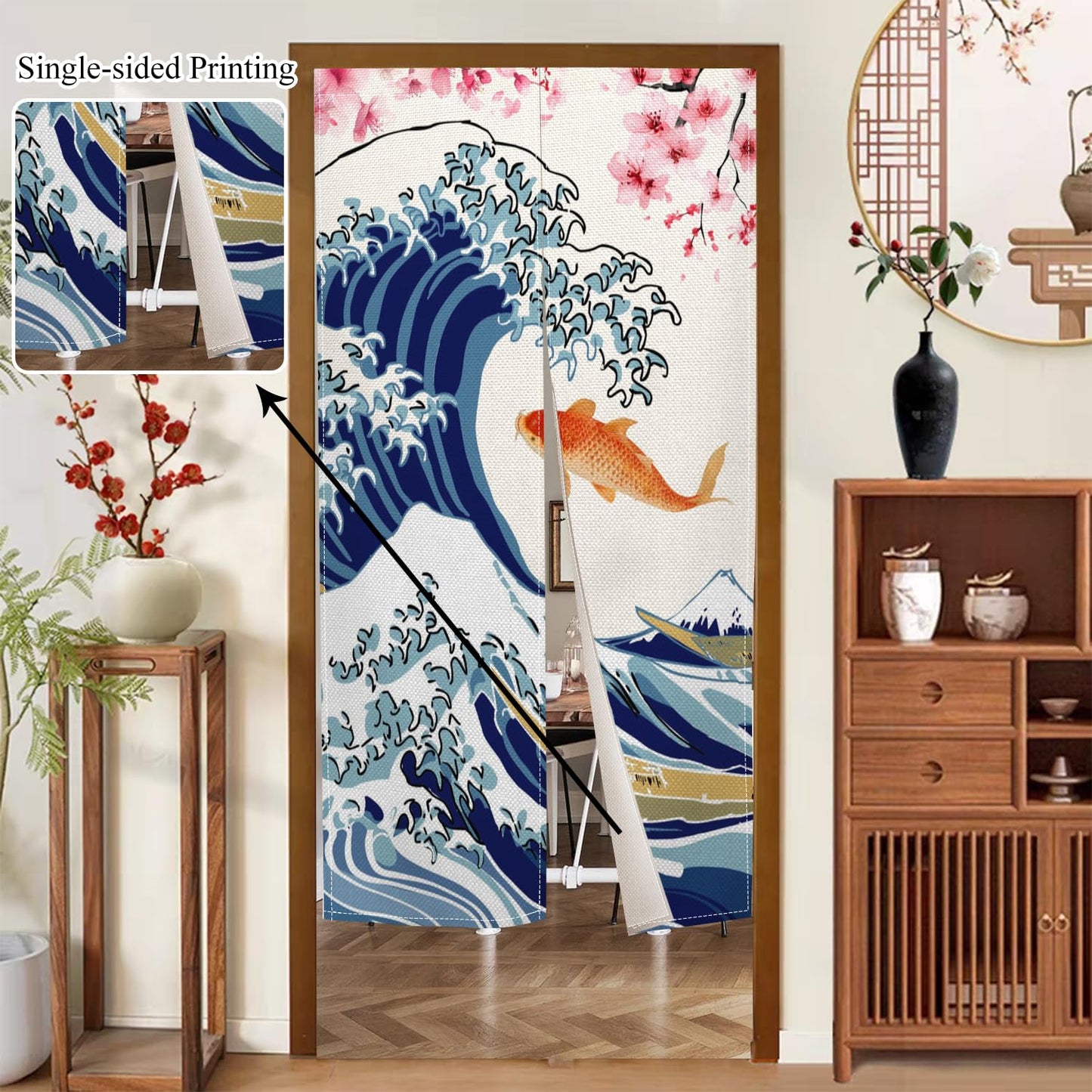 Leowefowa Japanese Traditional Noren Doorway Curtain Long Style Kio Fish Window Treatment Blossom Japanese Noren Curtain for Doorway Tapestry Room Privacy Divider Kitchen Home Decor, 33.5"x 70.9"