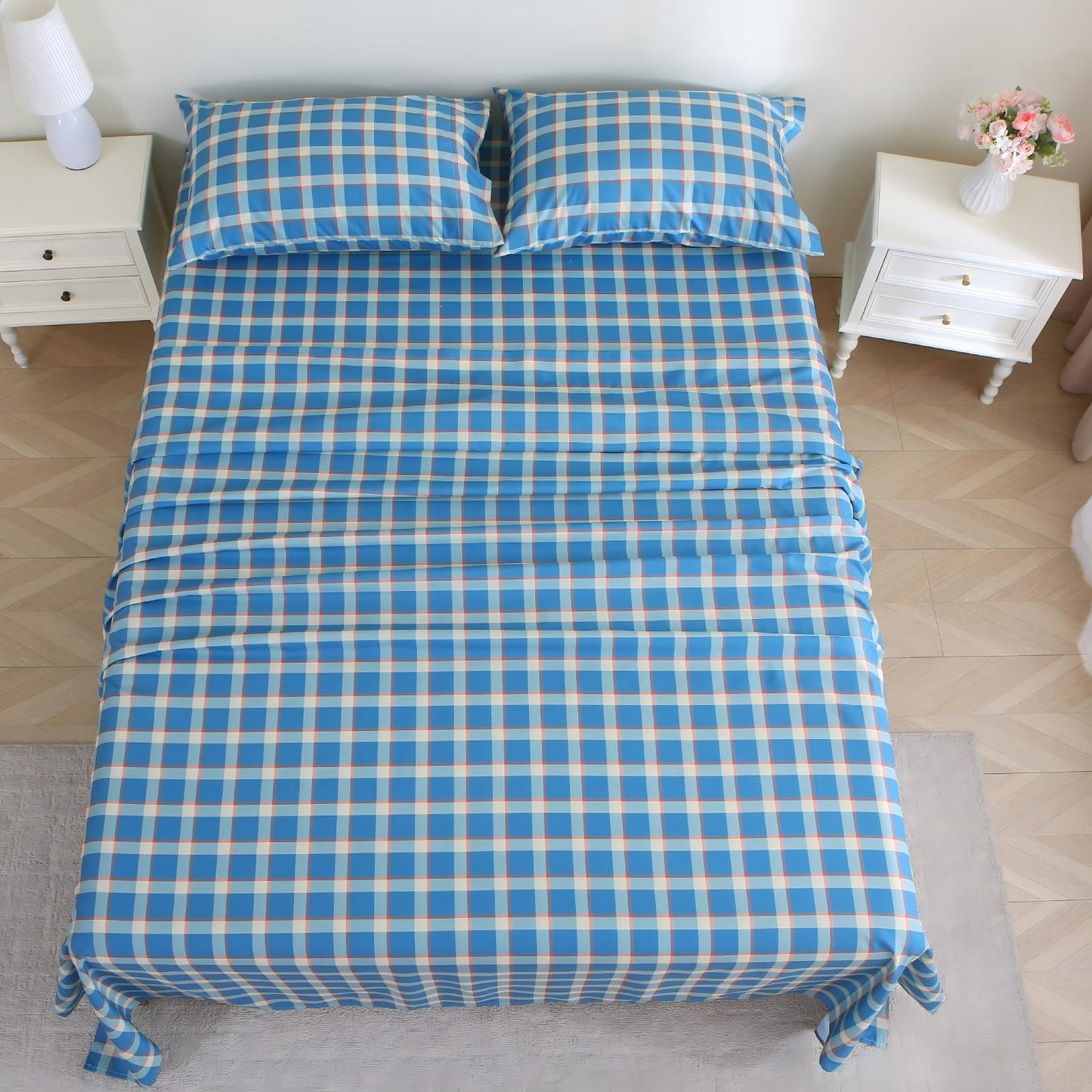 MUXHOMO Queen Size 4 Piece Sheet Set, Soft & Breathable Sheet for Bedroom with Deep Pocket Up to 16", Wrinkle-Free & Cooling Bed Sheet with Flat Sheet, Fitted Sheet & Pillowcases - Blue Green Plaid