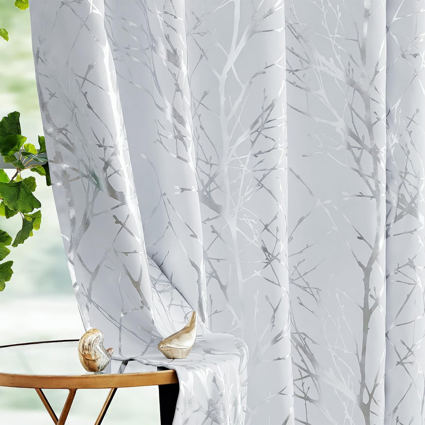 FMFUNCTEX 100% Blackout Curtains Siver Tree Branch Curtains for Living Room, Curtains 84 Inches Length Metallic Print Curtain for Bedroom, Room Darkening Drapes for Home Office Grommet Top 2 Panels