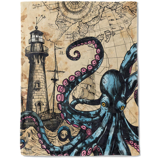 ainori Octopus and Lighthouse Flannel Blanket - Lightweight Soft Cozy Gifts Blankets for Nautical Lovers, Kids, Women, Vintage Map Art Style Throw,Elegant Home Room Modern Retro Decor 50x60in