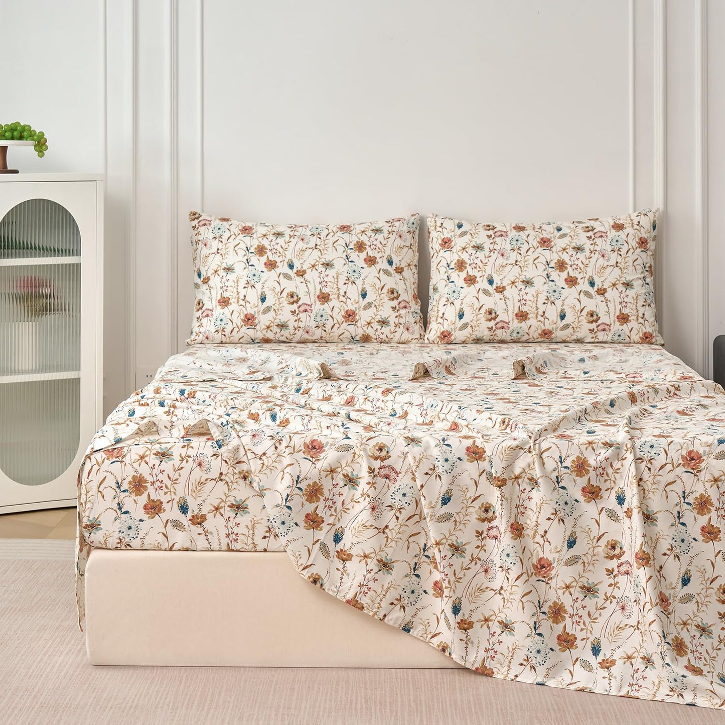 Zusbest Queen Sheets Set 100% Percale Cotton - Boho Floral Botanical Printed Bedding with Deep Pocket 17.5'', Vintage Burnt Orange & Teal Design, 4-Piece Soft Breathable Sheets